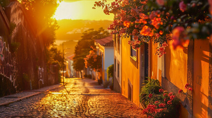 Sunlit cobblestone street with vibrant flowers and colorful buildings, bathed in a warm golden glow. - 795903324