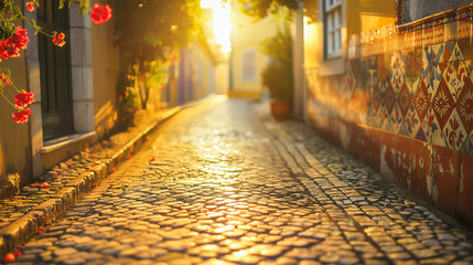 Sunlit cobblestone street with vibrant flowers and colorful buildings, bathed in a warm golden glow. - 795903336