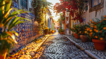 Cobbled street with blooming flowers and brightly colored buildings, illuminated by the golden light of sunset.