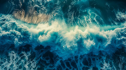 Crashing ocean waves forming swirling patterns of white foam on a background of deep blue water. - 795903382