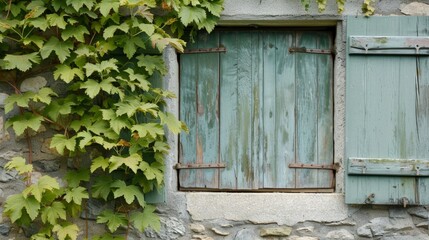 Stone wall and green shutters on rustic window