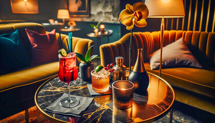 Two cocktails on a marble table in a cozy lounge, surrounded by soft lighting, plush furniture, and a decorative orchid. - 795903526