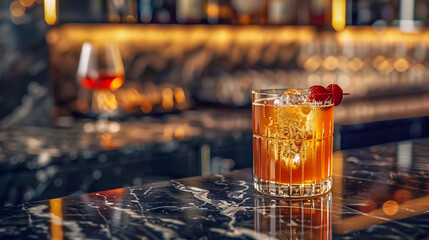 Whiskey cocktail with ice and a cherry garnish on a marble countertop in a dimly lit bar with a relaxed atmosphere. - 795903528