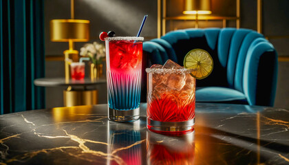  Vibrant cocktails on a marble table in a cozy lounge setting, with soft lighting and plush seating creating a warm ambiance. - 795903547