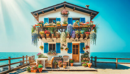 Charming cottage with vibrant flowers and a wooden deck, set against a backdrop of a clear blue ocean and bright sky. - 795903556