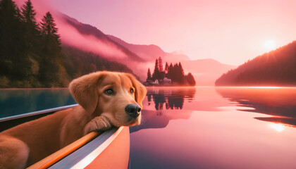 Golden retriever resting on the edge of a canoe, gazing at a vibrant pink sunset reflecting on a tranquil lake surrounded by mountains.