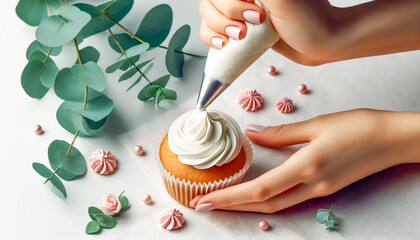Hands decorating a cupcake with white frosting, surrounded by eucalyptus branches and decorative pink beads on a light surface. - 795903729