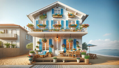 Coastal house with white siding and blue shutters, adorned with vibrant flowers and greenery, featuring a wooden deck leading to a sandy beach. - 795903738