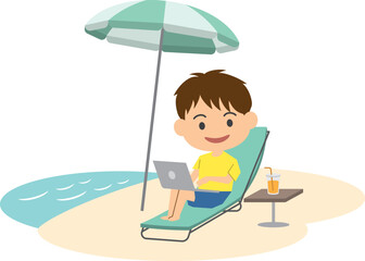 ビーチでワーケーションをする男性のイメージイラスト