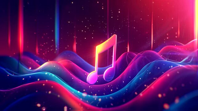 Sound waves with central music note in colorful radiance. Looping 4k video animation background