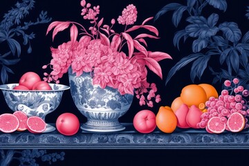 Fruits on tray grapefruit painting flower.