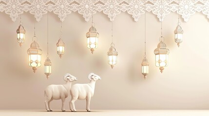 Traditional Muslim holiday . White rams and hanging lamps. Islamic greeting card, poster, banner