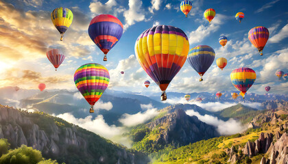 Multiple colorful hot air balloons spread out over the grassland. The sky and hot air balloons. A hot air balloon with a spectacular view.
