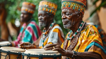 Fototapeta premium Elderly men playing traditional drums outdoors, focused and wearing colorful attire