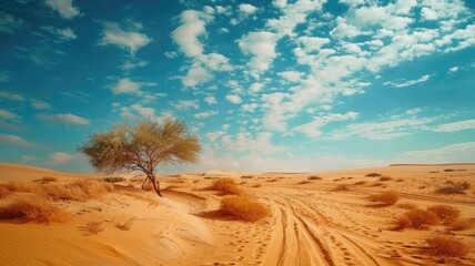 Lone tree in vast desert under blue sky - obrazy, fototapety, plakaty