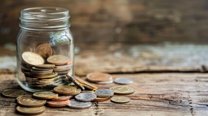 Glass jar filled with coins on wooden surface, indicating savings or investment concept