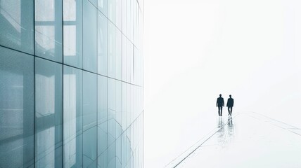 Two silhouetted figures walking towards modern glass building in misty ambiance