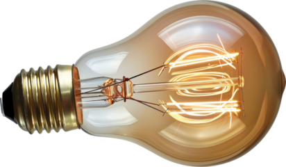 Glowing filament light bulb on transparent background