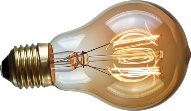 Glowing filament light bulb on transparent background