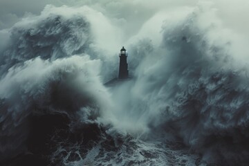 A powerful image captures a lighthouse valiantly standing amidst a massive wave crashing against it.