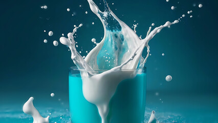 Splashes of milk on a turquoise background. Milkshake, turquoise background