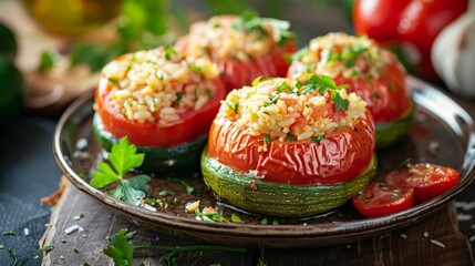 Four stuffed tomatoes on plate with parsley