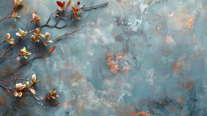Naklejka na ściany i meble Orange flowers on textured blue background with abstract elements