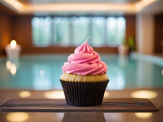 cupcake on a table with a blurred background.