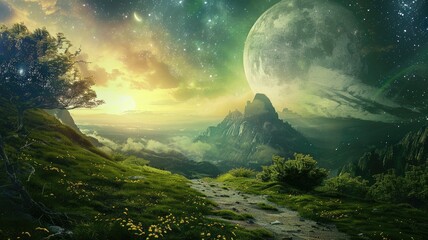 Fantasy landscape with large moon, vibrant skies, and mountainous terrain