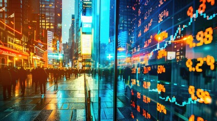 City street at night overlaid with stock market numbers, indicating economic activity