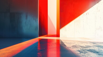 Abstract image of corner with blue and red lighting casting sharp shadows