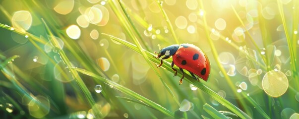 A cheerful ladybug clambers up a dewy blade of grass, its red shell dotted with tiny black spots, kawaii, bright water color