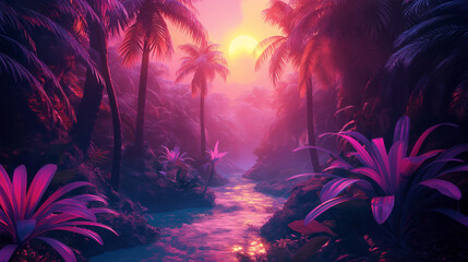 Sunset on the beach with neon color style look, Illustration.	