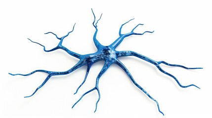 Generic blue neuron cell model isolated on white background with copy space. Science, neuroscience, biology, microbiology, neurology ai generated.