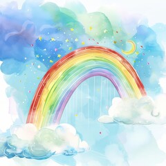 Obraz premium A rainbow arcs gracefully in the sky, a masterpiece of watercolor splashes, kawaii