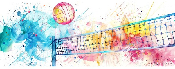 A volleyball smashes over the net, illustrated in a lively watercolor splatter effect, kawaii
