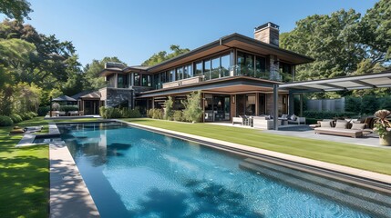 In the exclusive Hamptons, New York, a Mediterranean-inspired villa boasts a sprawling garden, private beach access, an outdoor pool, and a manicured lawn.