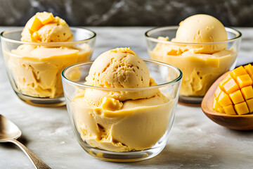 Sweet vanilla cream with ice cream ball, yellow dessert in glass closeup, background for menu, invitation, wallpaper