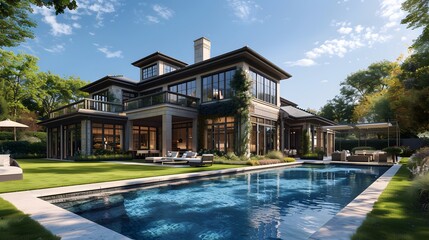 In the exclusive Hamptons, New York, a Mediterranean-inspired villa boasts a sprawling garden, private beach access, an outdoor pool, and a manicured lawn.