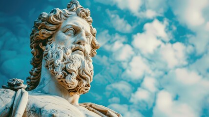 Fototapeta premium Ancient Greek statue of bearded male against blue sky