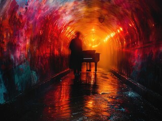 A person seated at a piano in a tunnel, playing music surrounded by dim lighting and urban architecture.