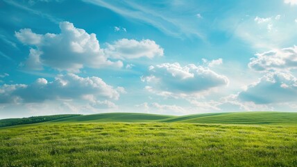 Obraz premium Lush green hills under vibrant blue sky dotted with white clouds