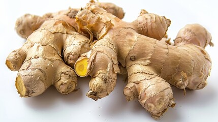 Close up of ginger root on white surface