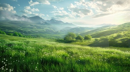 Obraz premium Lush green hills with white flowers under clear sky