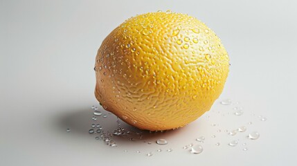 A lemon on a table with water beads
