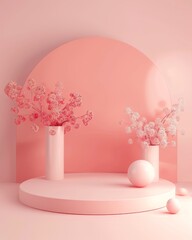 Abstract pink composition with flowers, spheres