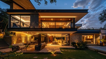 Obraz premium Modern house with outdoor and indoor lighting at night