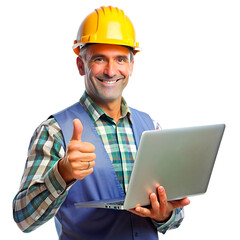  Engineer white man holding a laptop and thumbs up  on the transparent background.
