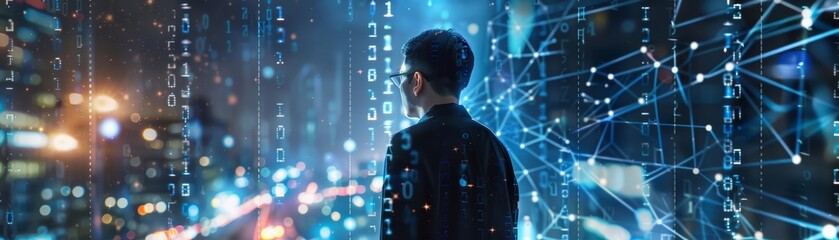 Fototapeta premium Businessman connect Command prompt Visualize the seamless connection between businessmen and AI through the use of command prompts in a digital setting