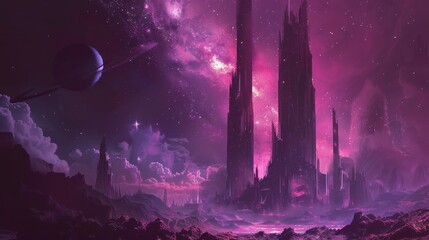 Sky view of a space fantasy planet with pink and purple gradient sky lights.